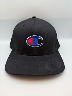 Champion Adult Black Hat with Red & Blue Champion Logo in Size Small